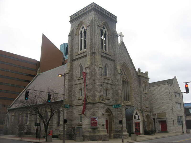 Front and western side of Trinity Episcopal Church, located at 316 Adams Street in Toledo, Ohio, United States.  Built in 1863, it is listed on the National Register of Historic Places.