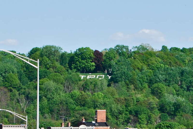 "Troy" spelled out in large, white, concrete blocks in Prospect Park in Troy, New York, United States
