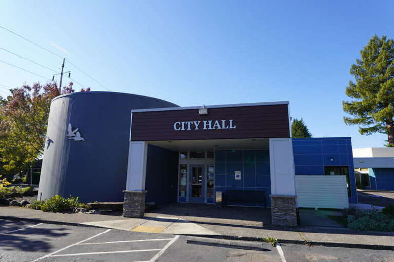 Image shows the main entrance of the City Hall of Washougal, Washington. Photograph taken on 2020-10-25T20:15Z.