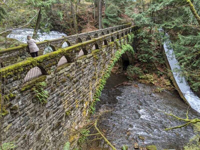 The 1939–1940 WPA stone bridge across Whatcom Creek, Whatcom Falls Park, Bellingham, Washington
