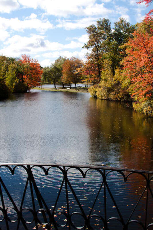 A view looking south at the pond of Worcester, Massachusetts' Elm Park from the "Iron Bridge."