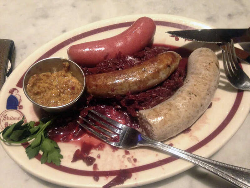 A house-made wurstplatte from The Student Prince German restaurant in Springfield, Massachusetts.
The three wursts shown are knackwurst (top), boar and cranberry (center), and bratwurst.