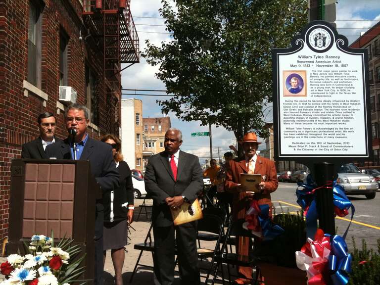 Dedication ceremony in Union City, New Jersey for a historical marker honoring painter William Ranney, who lived in Union City (when it was formerly West Hoboken), September 18, 2010. The marker, which is the fourth one Union City has dedicated for