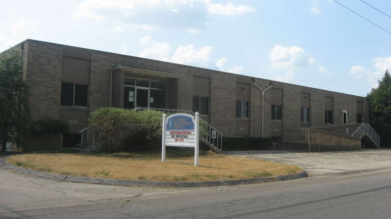 Front of the Elkhart Reformed Presbyterian Church, located at 2323 S. Seventeenth Street in Elkhart, Indiana, United States.  Built in 1965, it was a factory before conversion into a church.