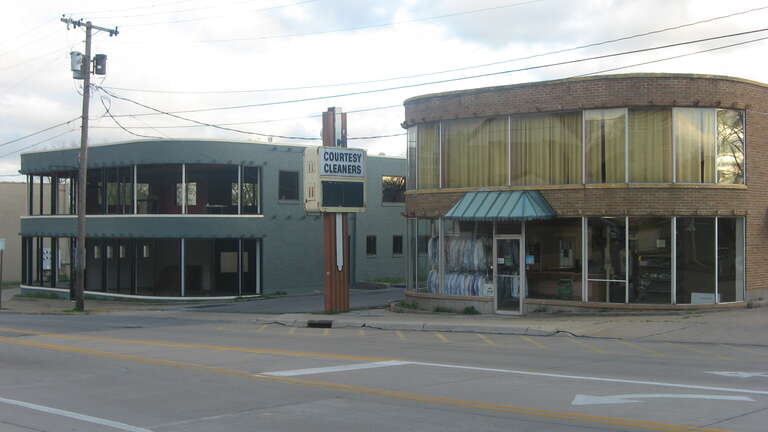 Front of the Erlbacher Buildings, located at 1105 (left) and 1107 (right) Broadway Street in Cape Girardeau, Missouri, United States.  Built in 1958, they are listed on the National Register of Historic Places.