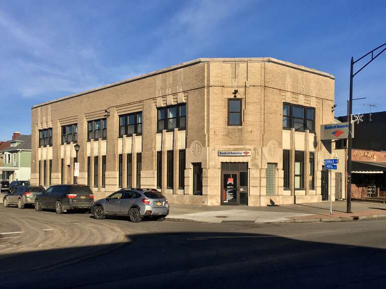Former Liberty Bank branch at 1452 Hertel Avenue (corner Norwalk Avenue), Buffalo, New York, December 2019. This is the only bank in Buffalo designed by Dietel &amp; Wade that's still in use as such: it's now a Bank of America branch.