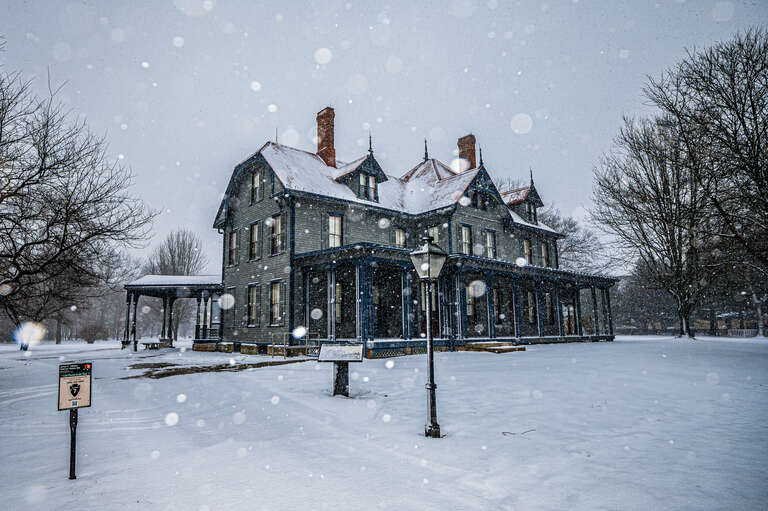 James A. Garfield National Historic Site in the snow.