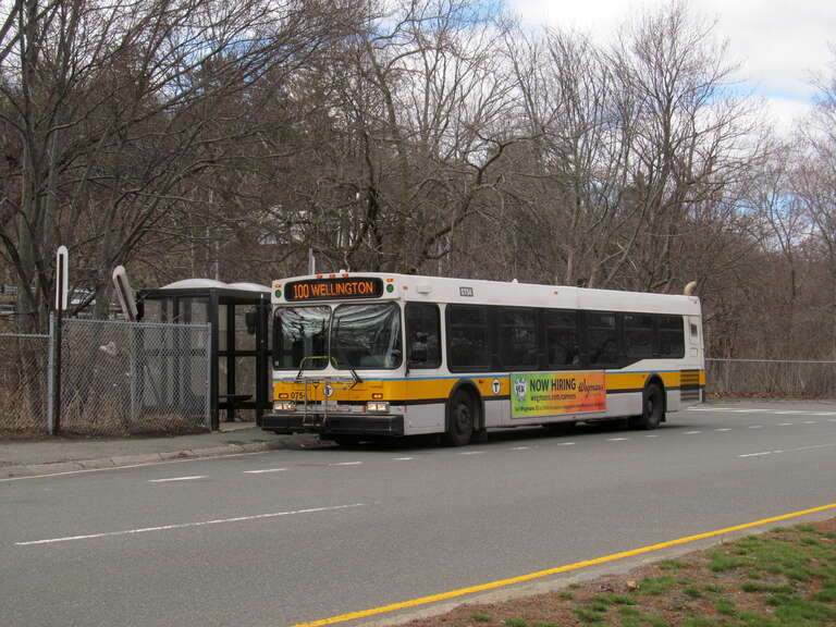 MBTA route 100 bus at the Elm Street terminal in April 2017