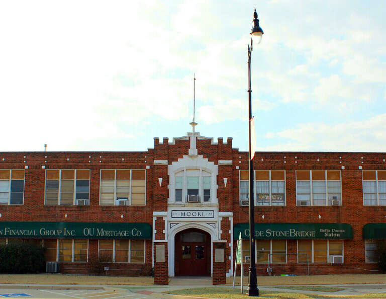 Moore Public School Building. View from West to East at Main entrance to building.