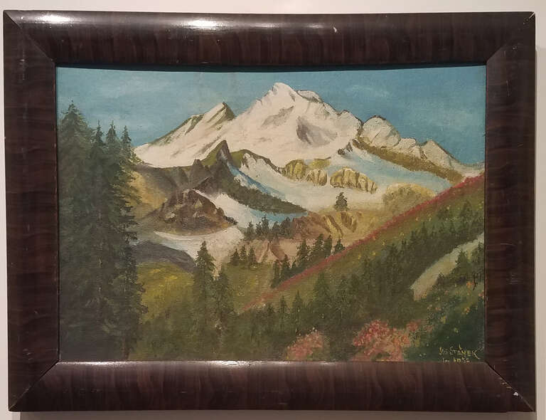 Oil on canvas painting of mountain, hills, and trees by Joseph Stanek, Sr.