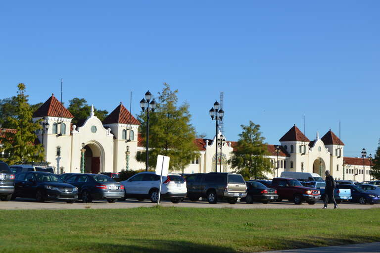 Distant view of some of the North Carolina State Fair Commercial &amp; Education Buildings, located on Hillsborough Street (North Carolina Highway 54) west of Blue Ridge Street in Raleigh, North Carolina, United States.  Built in 1928, they are