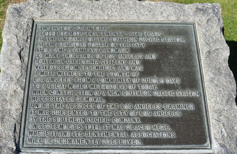plaque marking historic palm tree, Exposition Park, Los Angeles, California, USA