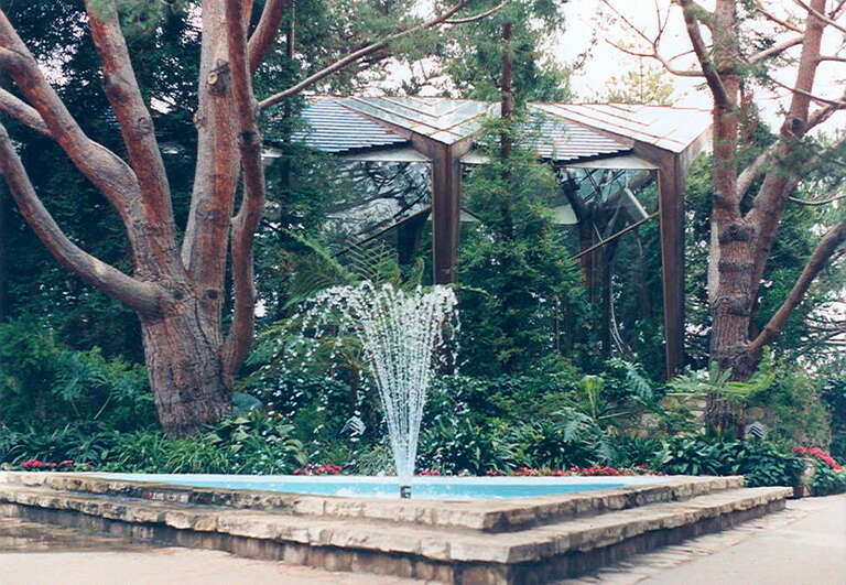 Wayfarers Chapel with fountain and gardens - by Lloyd Wright.Rancho Palos Verdes, California