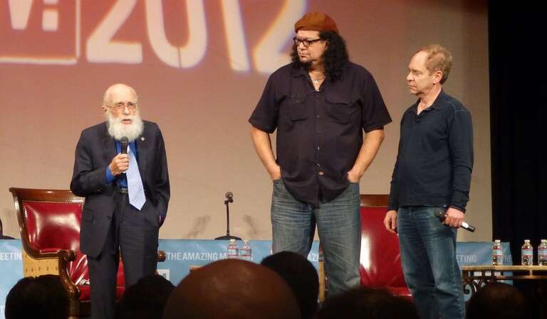 Penn &amp; Teller on stage with James Randi at The Amazing Meeting 2012 (TAM-2012) during the Saturday Keynote Presentation: "Penn &amp; Teller - 38 Years of Magic &amp; BS".