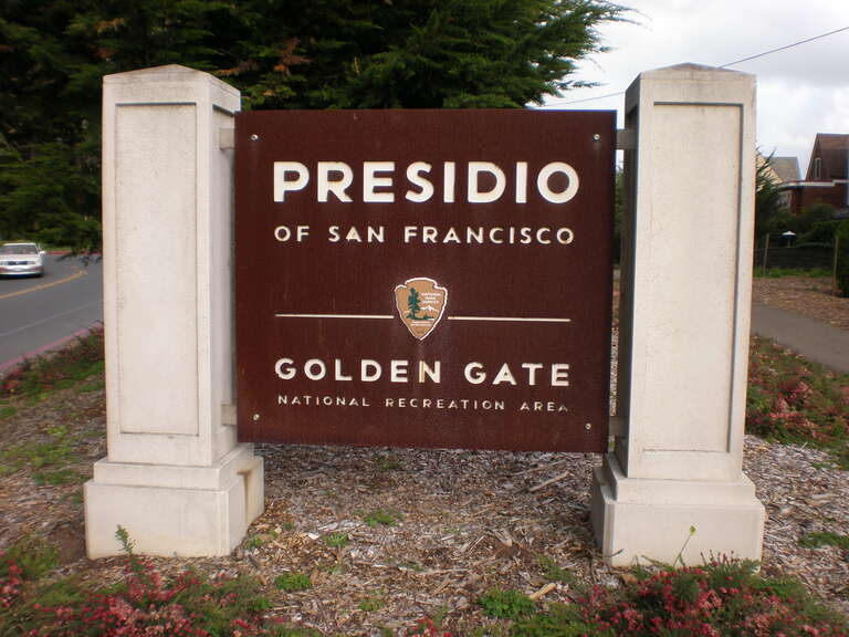 A Presidio of San Francisco sign at the Arguello Gate.