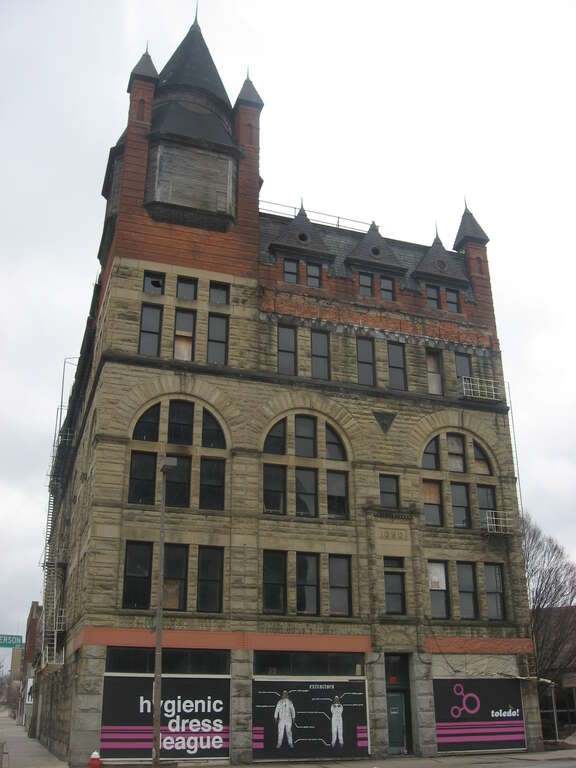 Front and western side of the Pythian Castle, located at 801 Jefferson Avenue in Toledo, Ohio, United States.  Built in 1890, it is listed on the National Register of Historic Places.