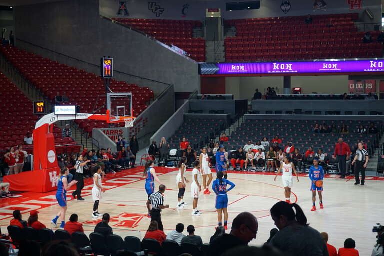 In-game action during the Southern Methodist Mustangs vs. Houston Cougars women's basketball game at the Fertitta Center in Houston, Texas (United States). Houston won 69–68 in overtime.