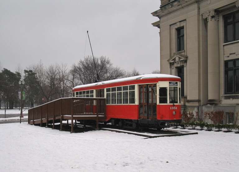 Ex-Milan Peter Witt streetcar No. 1906 on display in St. Louis, Missouri, after refurbishment in 2005 by the Gomaco Trolley Company, and renumbering as "1351". It was one of two such cars intended for eventual use on the planned Delmar Loop Trolley