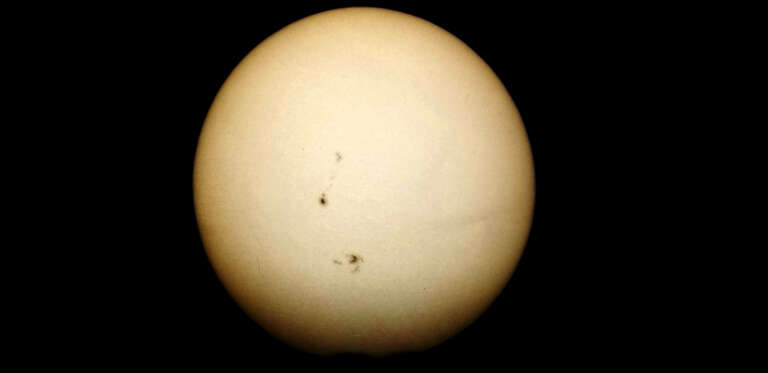 Image of the sun on September 5, 2017 taken on 1.56 pm EST. Photograph of the projected image using 70 mm refractor telescope.
The lower group of the sunspots in the image (named active region AR 2673) has produced a solar flare rated as class X9.3