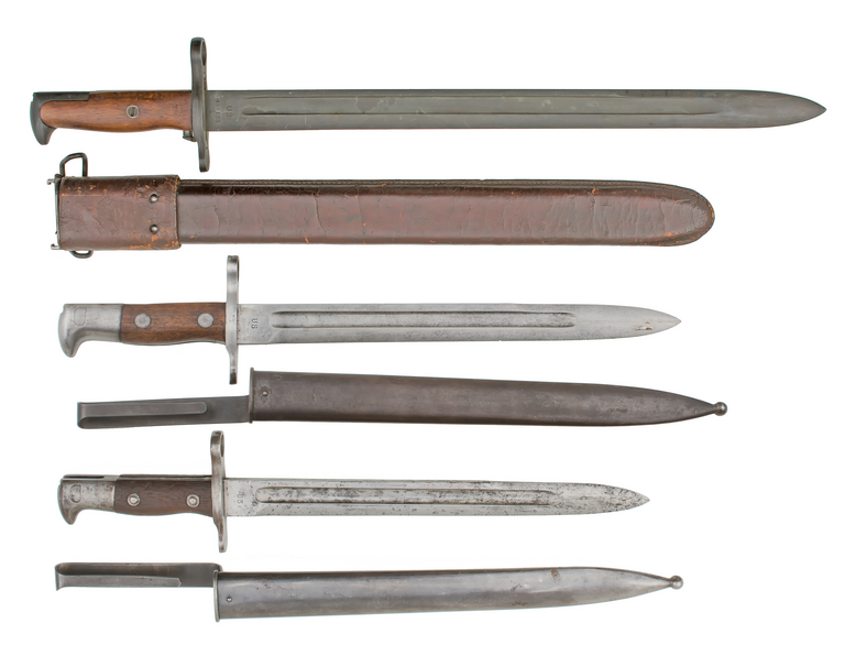 Top: M1905 Bayonet produced in 1910. Middle: M1892 Bayonet produced in 1896 with flush handle rivets. Bottom: M1892 Bayonet produced in 1894