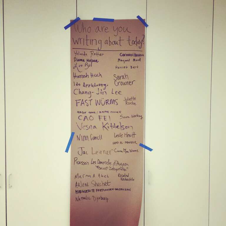 People who attended the Minneapolis Art + Feminism Edit-a-Thon answered the question, "Who are you writing about today?"
