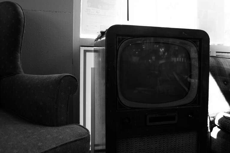 A black and white television console at Cafe Delirium in Gresham, Oregon