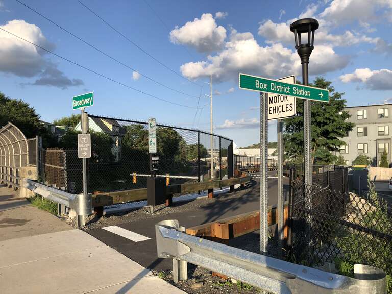 Box District station entrance from Broadway Bridge, Chelsea, MA, MBTA SL3 line