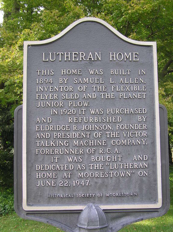 Plaque at the street at Breidenhart, 255 East Main Street in Moorestown Township, NJ.  The property is now the Lutheran Home at Moorestown.