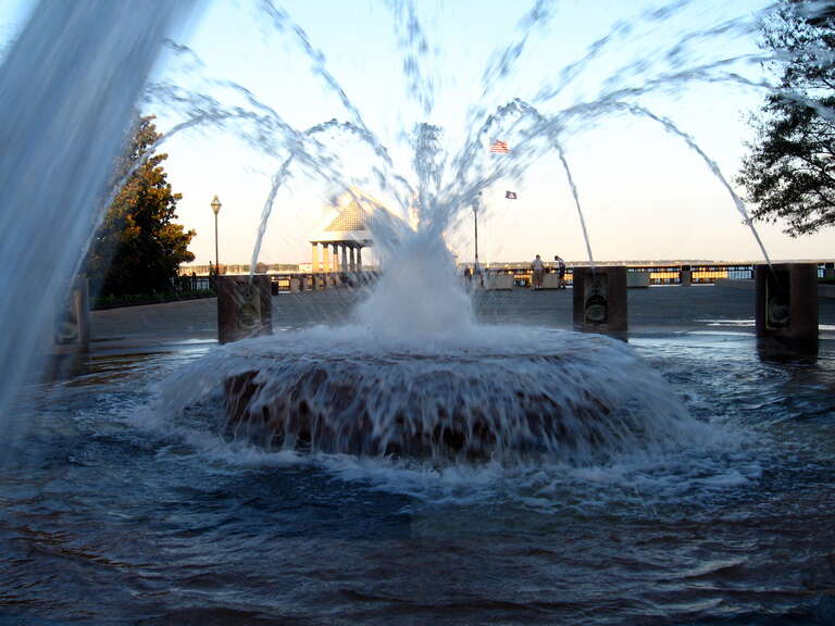The center of the main jet fountain of Waterfront Park in Charleston, SC. Photo taken around 6 pm local time.