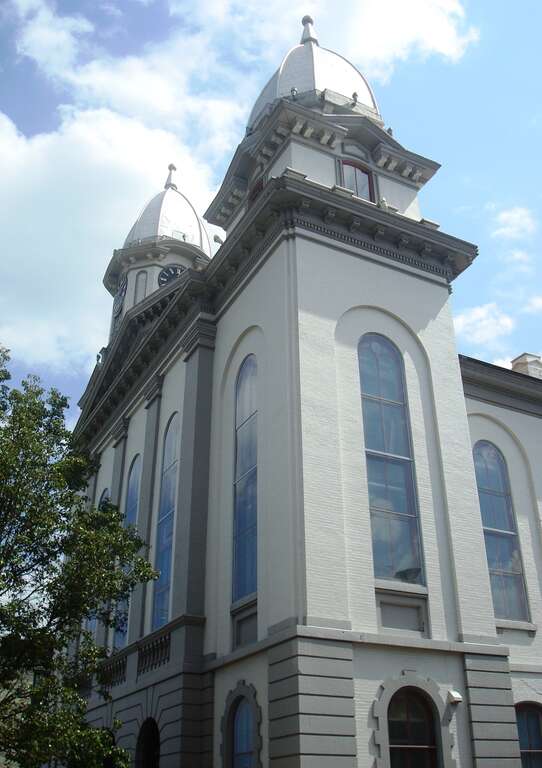 The Clinton County Courthouse in Lock Haven, Pennsylvania was built in 1867-69 and was designed by Samuel Sloan and Addison Hutton.  The courthouse in Venango County, also designed by Sloan and Hutton, is a virtual copy, except that the shorter tower