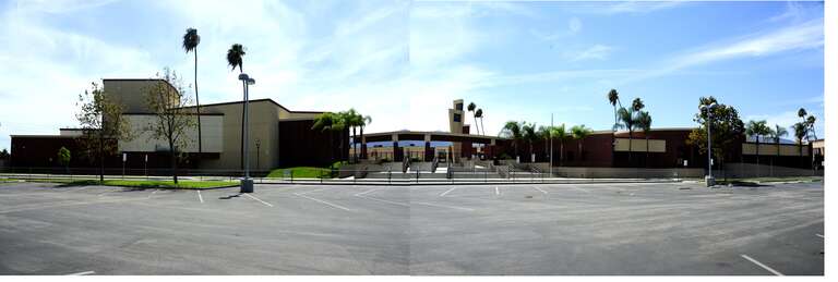 Corona High School in Corona, California.  This is the 1960 building, rather than the 1923 building listed on the NRHP with reference 5000772, which is currently the Civic Center.