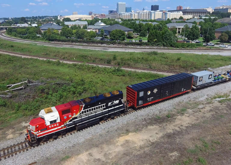 NS GP38-2 5642 is seen from about 40ft above the ground as NS 975 sits at Devine Jct., Columbia, SC waiting to reverse into NS Andrews Yard.