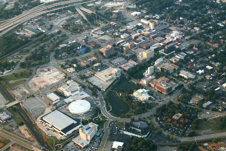 Flying over Downtown Huntsville - preparing for landing at HSV, just a few miles west.