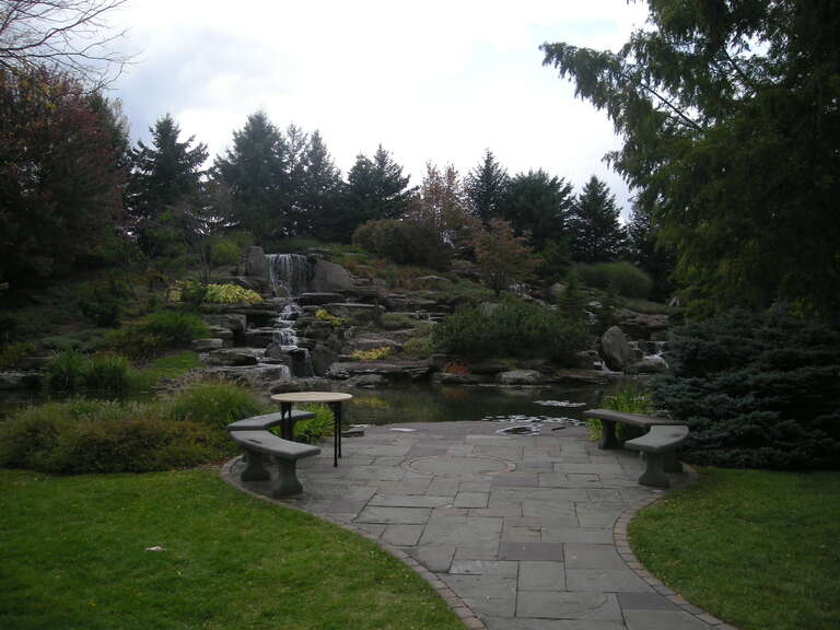 The waterfall in the Sculpture Park at the Frederik Meijer Gardens &amp; Sculpture Park in Grand Rapids Township, Michigan (United States).