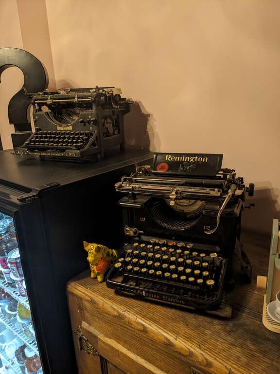 Old typewriters in Speakeasy Cafe at 31 Center Street in downtown Rutland, Vermont.