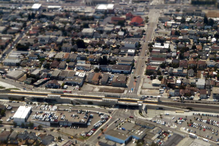 Aerial view of San Bruno station in August 2018