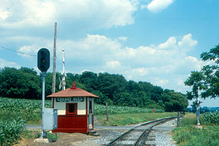 The Cherry Hill "station" is the only stop on the 4.5 mile (7 km) length of the Strasburg Rail Road line.  It is at the Groff's Grove picnic area, where you can watch the trains go by.  It is the only double-track passing area on the line.  Cherry
