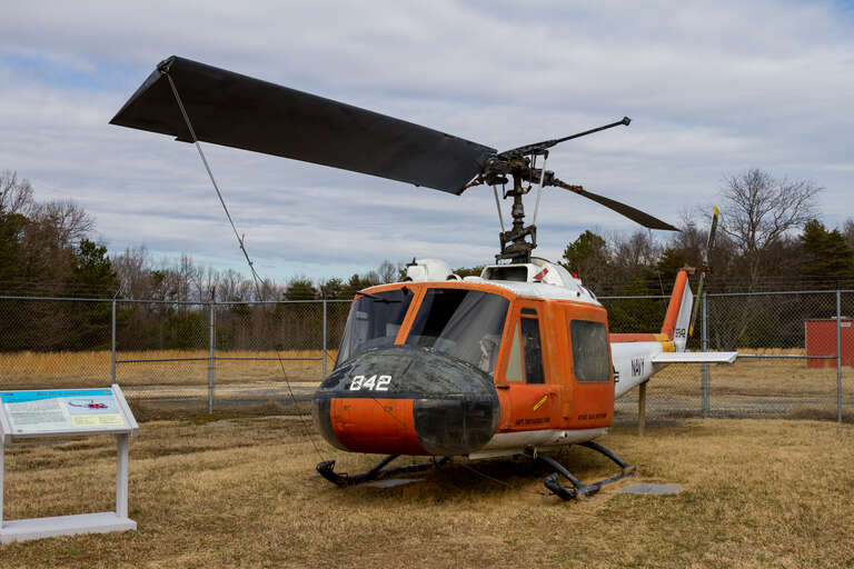 A Bell TH-1L Iroquois on display at the Patuxent River Naval Air Museum in Lexington Park, Maryland. This H-1, Bureau Number 157842, was received by the Navy in April 1970.  It was first flown in the Navy's Air Training Command.  In 1983, it was