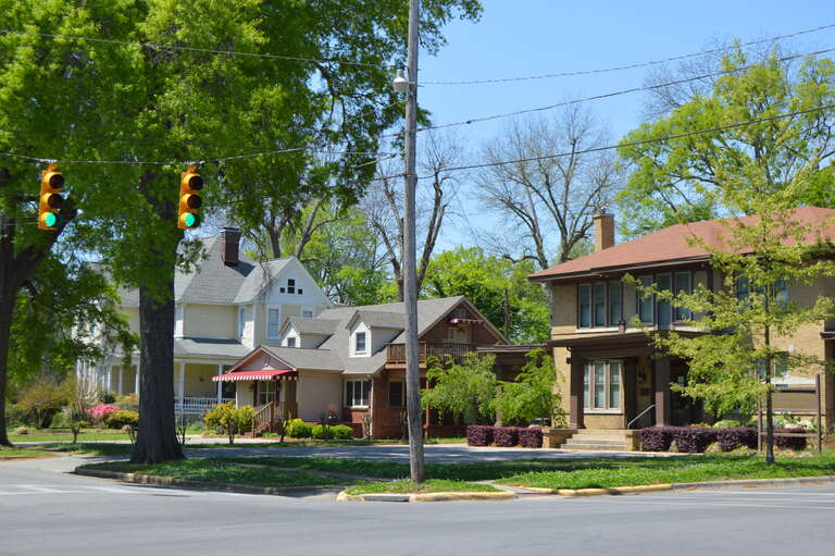 Houses on the northern side of Tuscaloosa Street, seen from the Pine Street intersection, in Florence, Alabama, United States.  This block is part of the Locust Street Historic District, a historic district that is listed on the National Register of