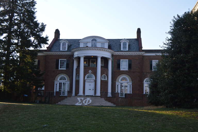 Front of one of the ΧΦ fraternity buildings on the campus of the University of Virginia, located between Rugby Road and Bayly Drive in Charlottesville, Virginia, United States.  It is part of the Rugby Road-University Corner Historic District, a