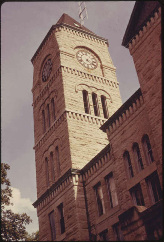 Atchison County Courthouse and Clock Tower in the County Seat of Atchison, Kansas. The Native Limestone Building Is a Good Example of Late 19th Century "Municipal" Architecture 06/1974