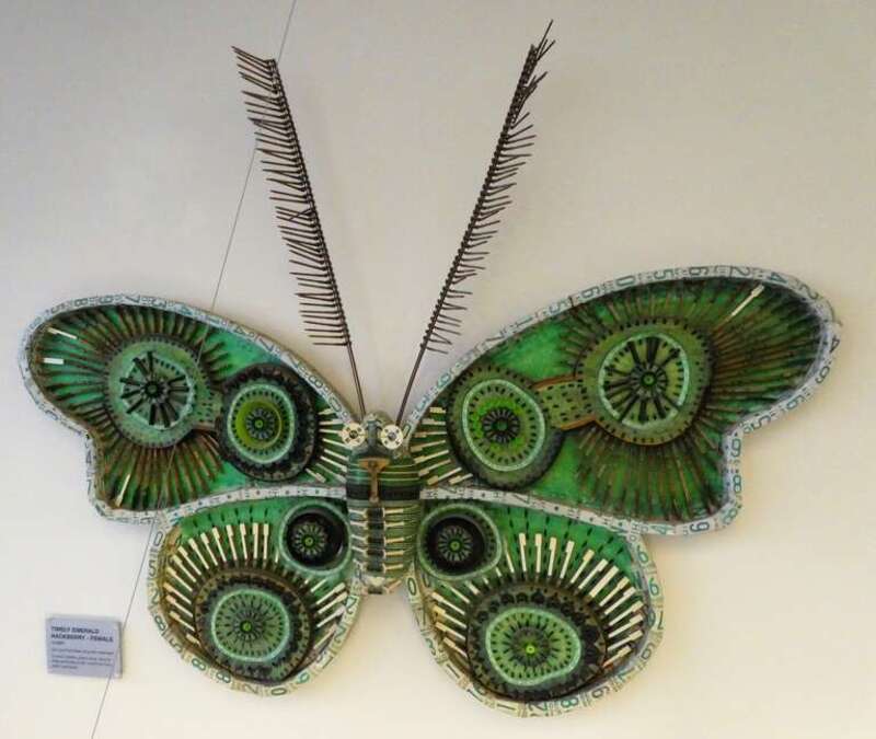 COSI, the Center of Science and Industry, is a science museum in downtown Columbus, OH.
I have visited the museum many times with my Ohio grandchildren.  I enjoy the visits very much.
These are butterflies made of recycled material.  They are created