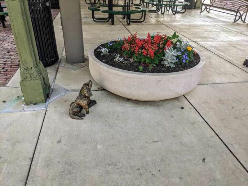 In 2023, a series of bronze sculptures were installed in various locations around Springfield, Illinois depicting Abraham Lincoln's dog, Fido. "Fido Sniffing Flower Pot" was designed by Danny Brikshavana and is installed on the north east corner of