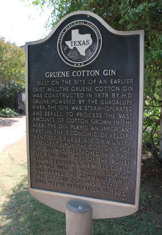 Built on the site of an earlier grist mill, the Gruene Cotton Gin was constructed in 1878 by H. D. Gruene. Powered by the Guadalupe River, the gin was steam-operated and served to process the vast amounts of cotton grown in the area, the gin played