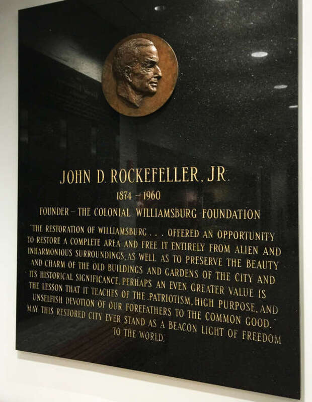 A plaque honoring John D. Rockefeller, Jr., principal benefactor of Colonial Williamsburg, at the Colonial Williamsburg Regional Visitor Center.