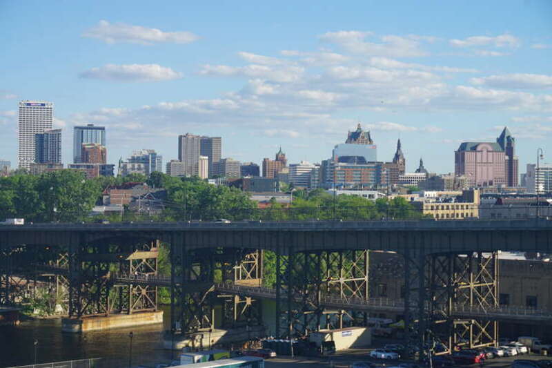 The Milwaukee skyline viewed from Kadish Park in Milwaukee, Wisconsin (United States).