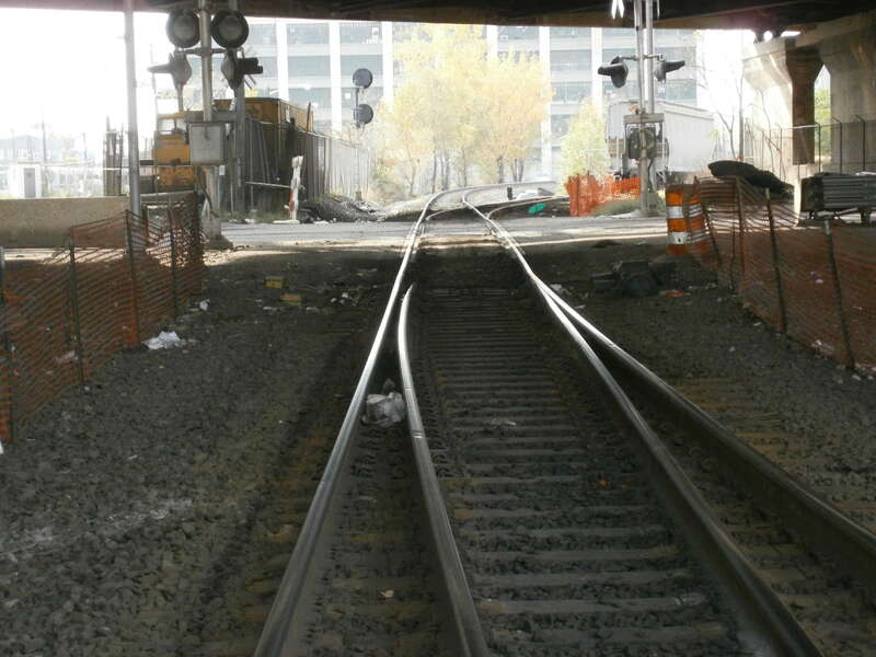 Under Pulaski Skyway looking south to to single track Northern Running Line to Marion Junction in Jersey City