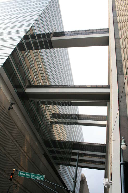 View of the skyways over Spring St in downtown Atlanta, Georgia, viewed from Big Heart Park, less than 4 1/2 hours before they were hit by a tornado.