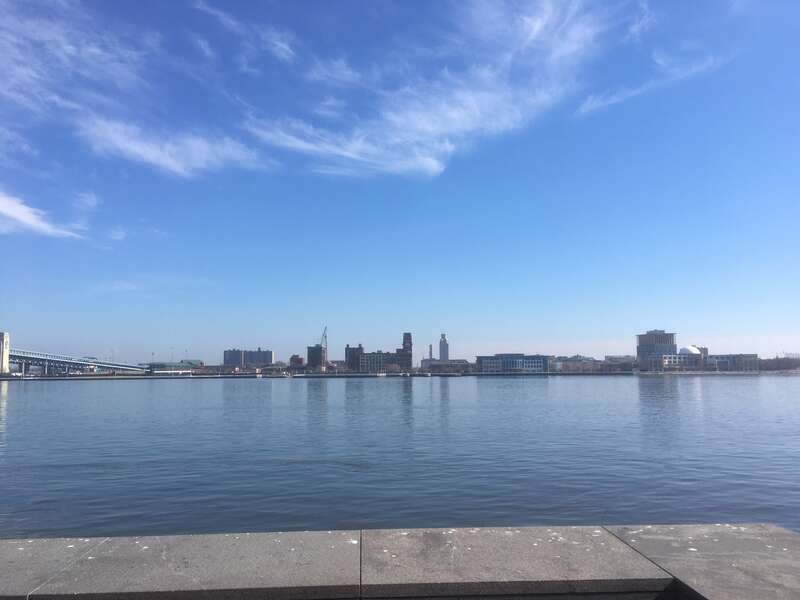 A view of Camden, New Jersey from across the Delaware River at Penn's Landing in Philadelphia, Pennsylvania.