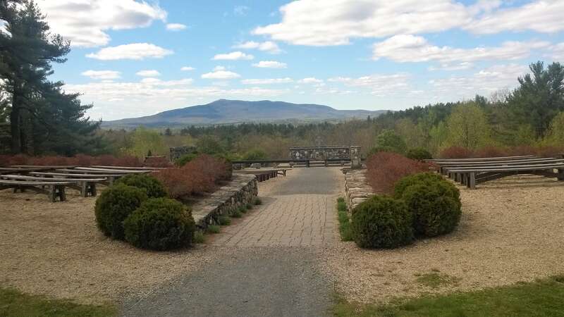 View from the main sanctuary of the Cathedral of the Pines, in Rindge, New Hampshire, looking out at Mount Monadnock.